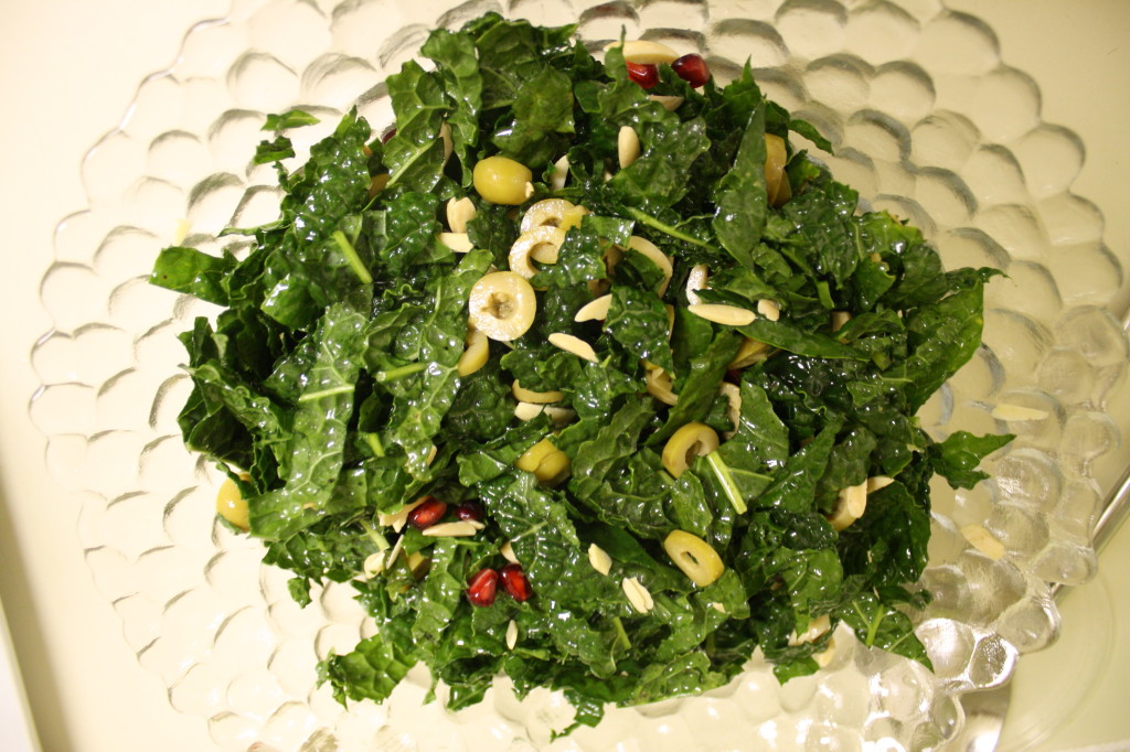 lemony kale salad with almonds, olives and pomegranate {the kosher foodies}
