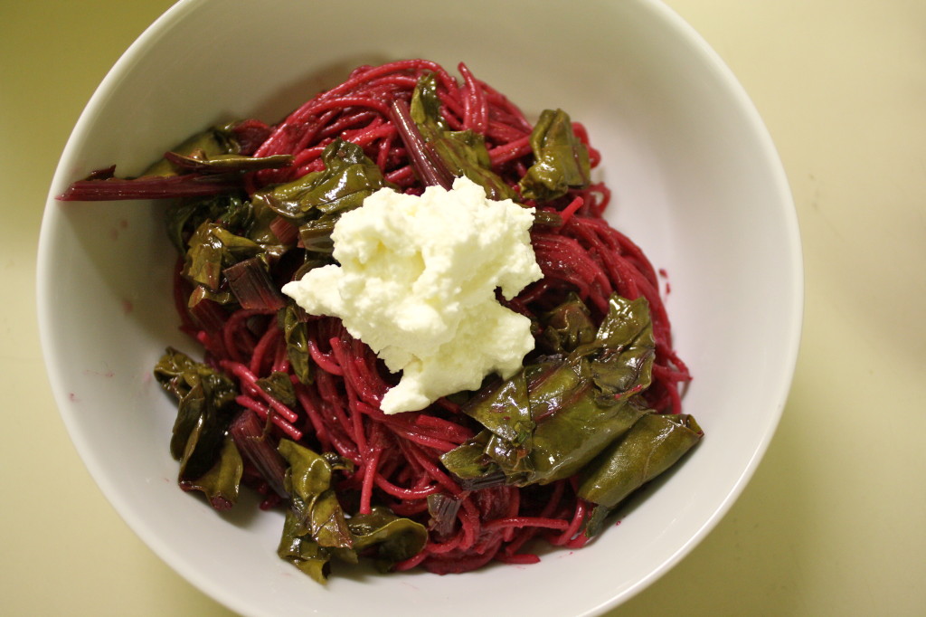 beet pesto pasta with beet greens and ricotta {the kosher foodies}