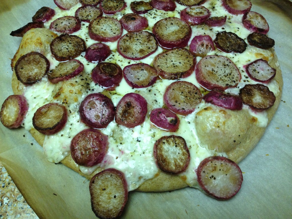 cacio e pepe pizza with roasted radishes {the kosher foodies}