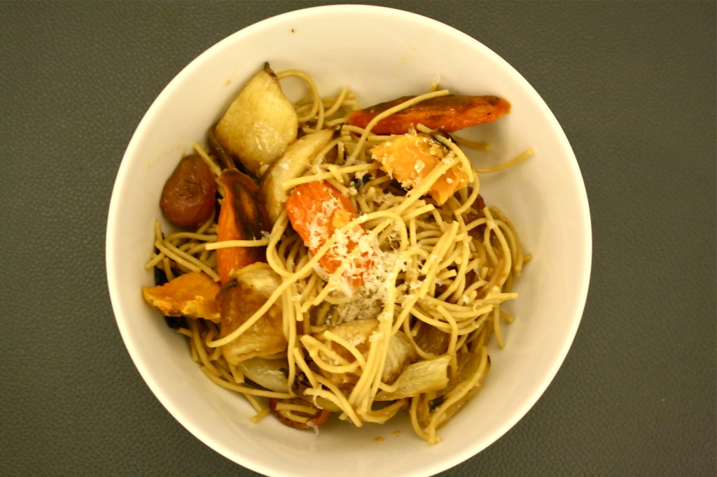 whole wheat spaghetti with roasted vegetables and horseradish-thyme butter {the kosher foodies}